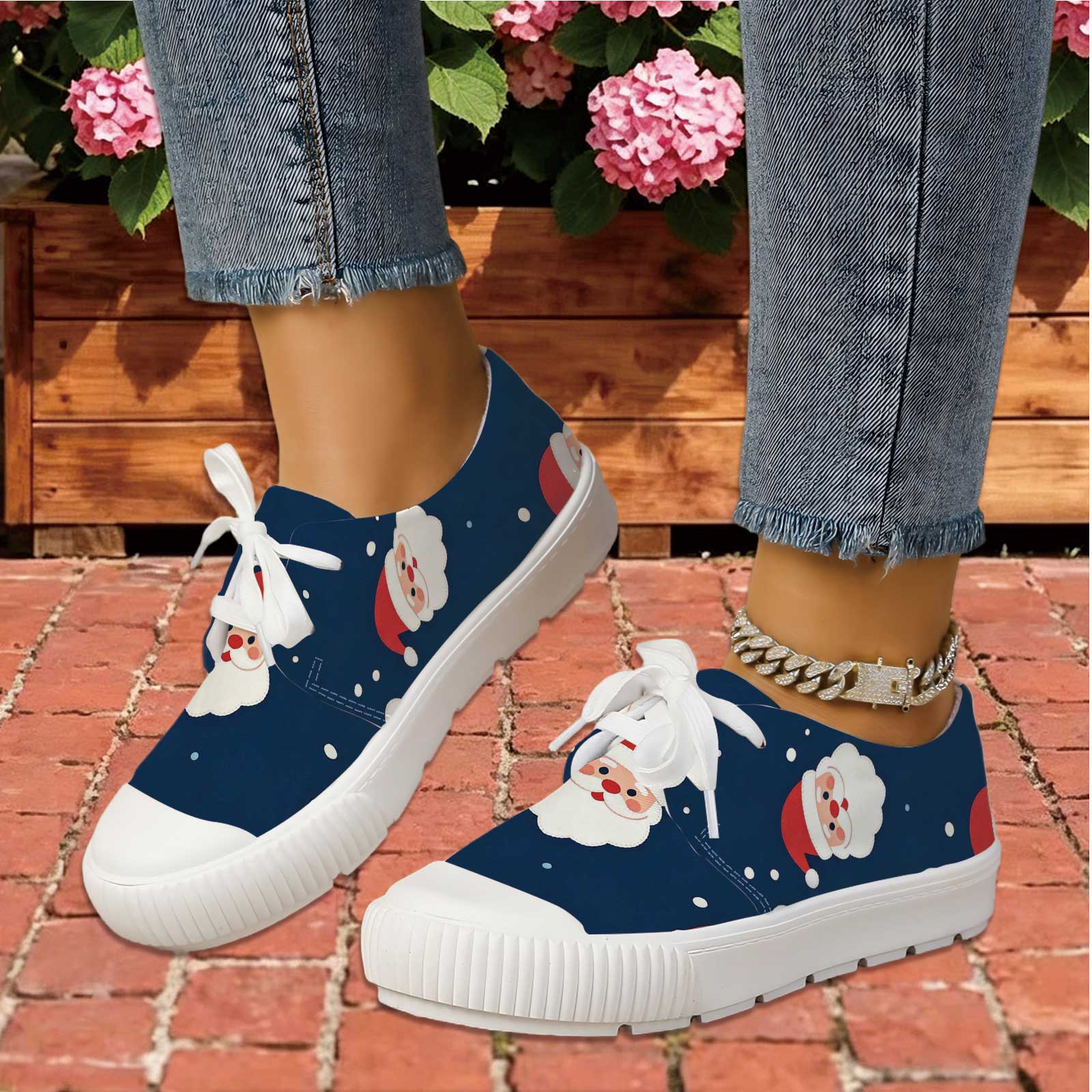 Women Santa Print Lace Up Casu - Outdoor Lighting Uplight ulasan dan harga